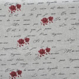 Tessuto con rose rosse e frasi